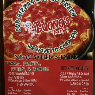 Front of menu with both location addresses.