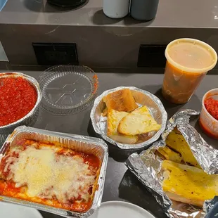 Ravioli Eggplant Rolls 2 Meatballs in Sauce Minestrone Large Bowl Garlic Bread Garlic Cheese Bread