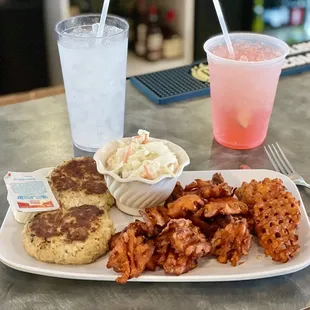 Crabcake Dinner with coleslaw and sweet potato fries