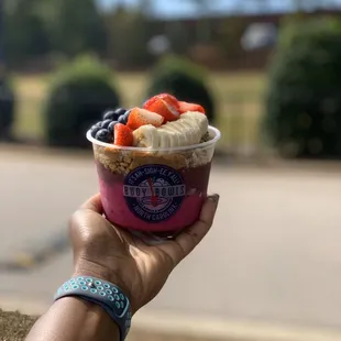 The Buoy Bowl half and half açaí and pitaya with peanut butter added