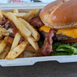 Bourbon Glaze burger with Fry Fix (addition of queso and bacon)