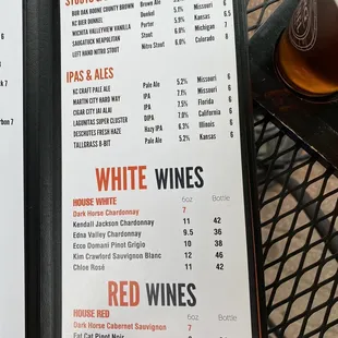 Beer List, White Wines, and Red Wines.