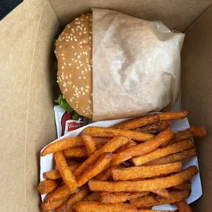 Beyond Burger with vegan cheese, and Sweet Potato Fries