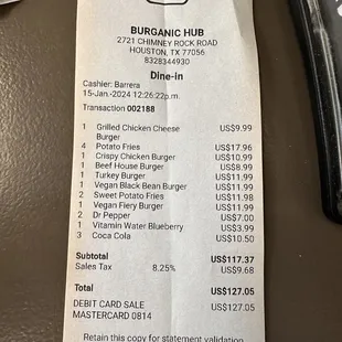 6 burgers 4 regular fries 2 sweet potato fries and 6 drinks  $127.05