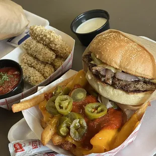 Fiery Fresh Grilled Jalapeno Burger Vegan Fiery Burger Mozzarella sticks vegan  LOADED FRIES ALL VEGAN