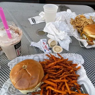 Peanut butter chocolate shake, shroom burger, sweet potato fries.
