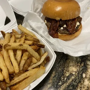 Bacon blue burger and fries.