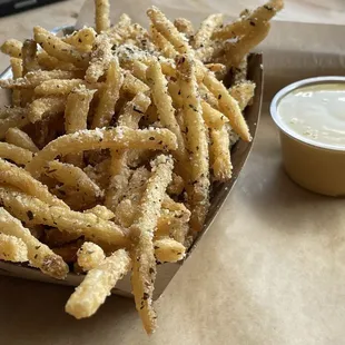 Parmesan and herb fries with honey mustard sauce