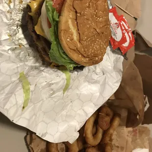 Triple Deluxe Burger and Onion Rings