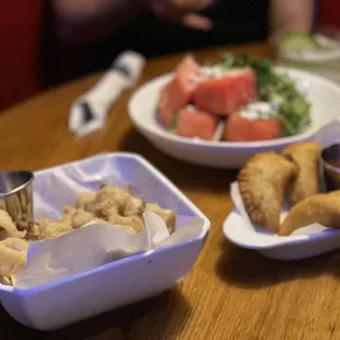 Calamari, Lobster Bites, and Watermelon Salad