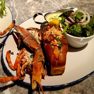 Half broiled lobster, Connecticut Lobster Roll and salad.