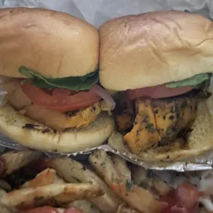 Salmon burger and fries