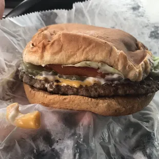 Single cheeseburger fully dressed