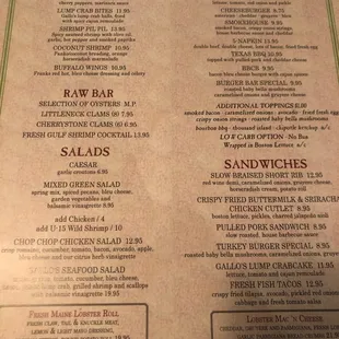 Burgers , shrimp , clams , French fries  sandwiches,sandwich, drinks and beer