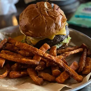 a plate of fries and a burger