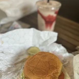 Single with a strawberry shake! Hots the spot every time. Good burger while people watching on Congress.