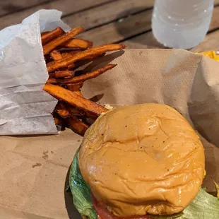 Double cheeseburger with sweet potato fries