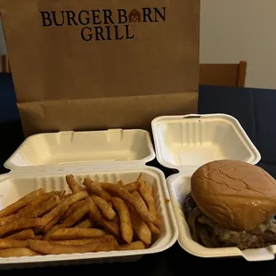 To go order: Fries and BYO Burger w/ pepper Jack cheese, sautéed mushrooms, and carmelized onions.