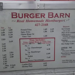 the menu for the burger barn
