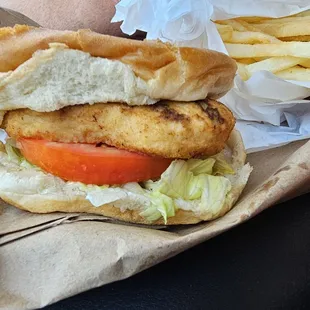 Grilled chicken sandwich with fries. I&apos;m in love with burger barn