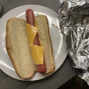 a hot dog with cheese and mustard