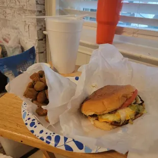 Cheeseburger with Fried Okra and a Rootbeer Float. 10/03/23 Yum!!
