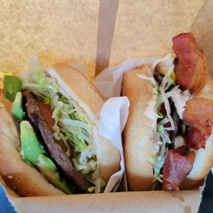 Bacon cheeseburger and avocado burger.