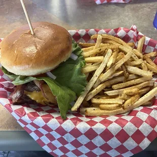 Double burger with bacon and cheese plus fries