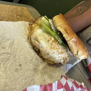 Double meat with fried egg, lettuce, tomato, and onions...