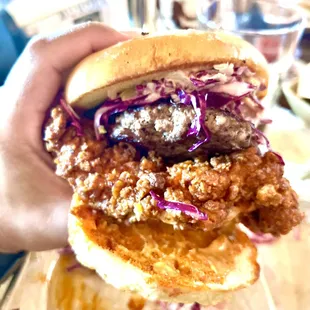 Inferno Fried Chicken with a medium rare beef patty