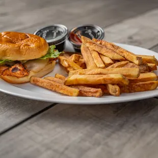 Chicken Tikkah burger with hand cut Fries