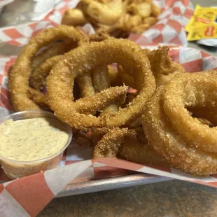 Crispy, delicious onion rings. Sauce was incredible!!!!