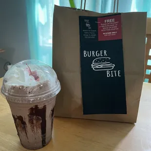 Chocolate Shake, Mushroom and Swiss Burger bagged