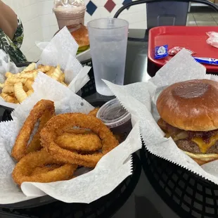 Onion rings, cowboy burger, milkshakes, fries