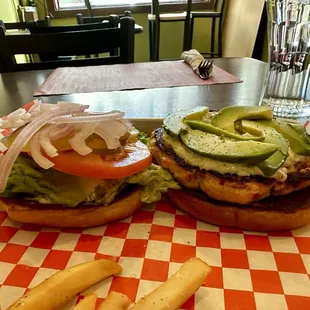Side view of house-made salmon burger to better see all the partz.