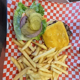 Cheeseburger (cheddar) with a side of fries