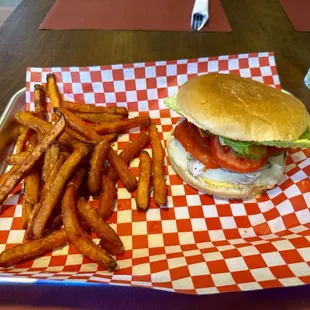 Peruvian Burger with Sweet Potato Fries