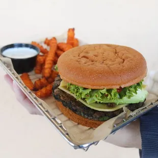 Black Bean Burger on gluten-free bun with Side of Sweet Potato Fries