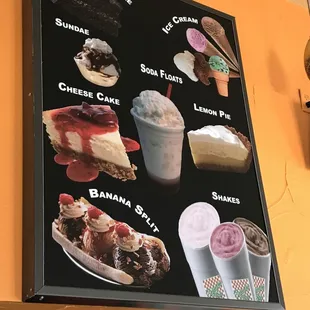 a menu for a variety of desserts
