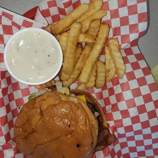 #6 bacon cheese  burger, fries &amp; drink  with gravy for fries yum.