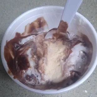 Sundae. Sweet Vanilla Ice cream, Whipped Cream and lots of Hershey's Chocolate Syrup.
