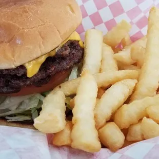 a hamburger and french fries