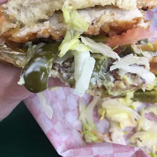 The lady said the chicken patty was bigger than the bun. Very disappointing, just stick to the burgers.