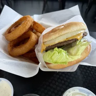 Burger with a side of onion rings