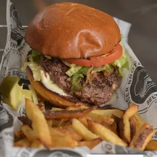 a hamburger and french fries