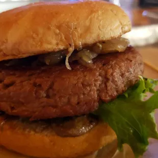 Shroom burger ($13), vegan. Fine, but not worth going out of your way for. They say there&apos;s vegan cheese &amp; bacon, but that&apos;s not true.
