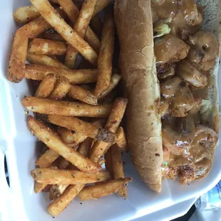 a hot dog and french fries