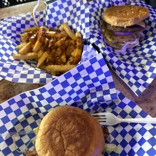 Avocado and bacon burger with chili cheese fries