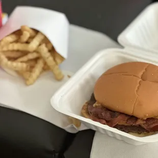 Crinkle fries and single burger