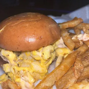 Mac and cheese burger, regular fries